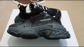 Balenciaga Triple S Triple Black PreDistressed Sneaker Unboxing [upl. by Niamert]