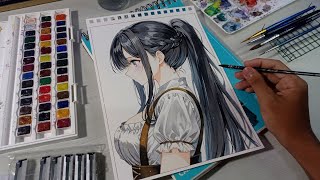 coloring using gouache digital version of anime drawing using gouache paint  drawing anime girl [upl. by Aratehs648]