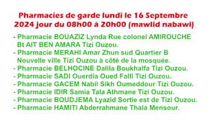 Annonce les pharmacies de garde lundi 16 sepembre 2024 à Tiziouzou [upl. by Eleen803]