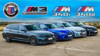 Alpina B3 v BMW M3 v M340i v M340d Touring DRAG RACE [upl. by Grider106]