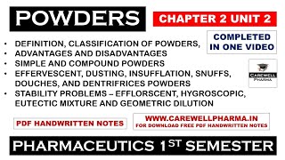 Powders complete  Chapter 2 Unit 2  Pharmaceutics 1 b pharmacy 1 semester  Carewell Pharma [upl. by Aistek908]