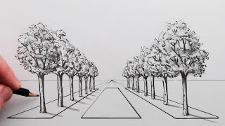 How to Draw a Road of Trees using 1Point Perspective Step by Step [upl. by Malony497]