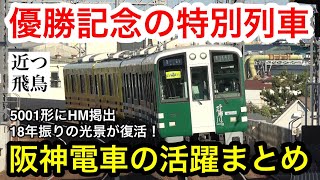 【18年振り】阪神タイガースの優勝で活気にあふれる阪神電車の様子。引退間近の5001形にHM掲出武庫川線車両の特別列車 Hanshin Tigers wins the championship [upl. by Kciredohr]