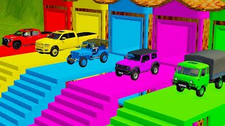 TRANSPORTING FIVE COLOR TOYOTA TUNDRA  RAM JEEP WILLYS SUZUKI YA3 TRUCK  Farming Simulator 22 [upl. by Enoryt]