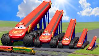 Big amp Small Long amp Tall Lightning Mcqueen with Monster Truck Wheels vs Trains  BeamNGDrive [upl. by Koziel669]