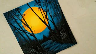 An easy nature night view scenery painting  Sunset Acrylic painting  Sun in the dark scenery [upl. by Anirrehs]