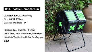 120L Plastic Compost Bin Outdoor Dual Rotating Compost Tumbler with Sliding Doors TG4204011 [upl. by Broeder]