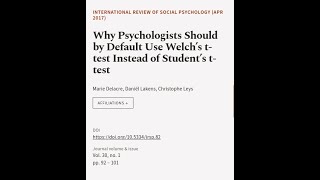 Why Psychologists Should by Default Use Welch’s ttest Instead of Student’s ttest  RTCLTV [upl. by Eedoj294]