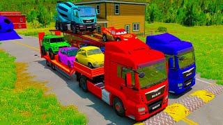 Double Flatbed Trailer Truck vs Speedbumps vs Train vs Cars  Tractor vs Train  BeamngDrive 007 [upl. by Eednam]