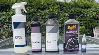 Meguiars vs Carpro Darkside vs Carpro Perl vs Garage Therapy tyre serum [upl. by Tanitansy]