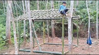 The skills of a homeless orphan boy  building his own bamboo house frame by hand [upl. by Nellir709]