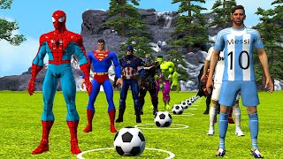 SpiderMan challenge of kicking the ball and hitting the target vs Ronaldo vs Messigame 5 superhero [upl. by Edd]