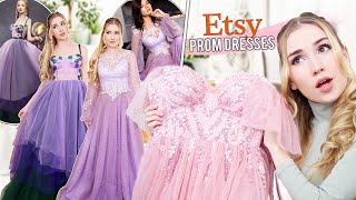 TRYING ON ETSY PROM DRESSES   most beautiful dresses ever [upl. by Calan]