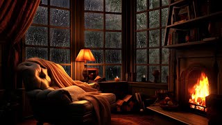 Sleeping Sounds of Rainy Night on a Mountain Retreat with Warm Fireplace amp Thunder [upl. by Ahsil]