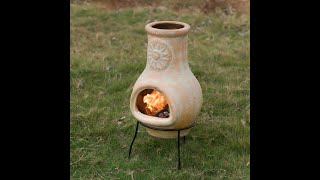 Outdoor Clay Chiminea Sun Design Charcoal Burning Fire Pit with Metal Stand [upl. by Lajib]