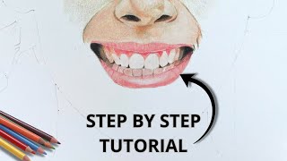 How to draw REALISTIC lips and teeth with colored pencils  Tutorial [upl. by Gaiser]