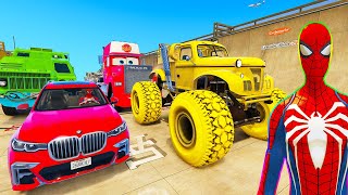 SPIDERMAN CARS Monster Trucks Mega LAKE Ramp Challenge  SUPERHERO GOKU JEEP Windmill Stunts  GTA V [upl. by Rolyat]