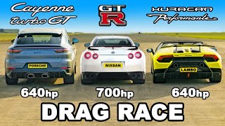 Lamborghini Performante v 700hp GTR v Cayenne Turbo GT DRAG RACE [upl. by Eiltan]