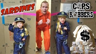 SHACKLED SARDINES in a HUGE BOX FORT MAZE Cops and Robbers Family Hide and Seek Game [upl. by Venetis]