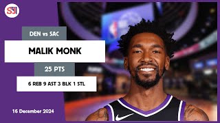 MALIK MONK 25 PTS vs DEN 16 Dec 2425 SAC Highlights [upl. by Fabria]