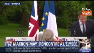 Theresa May perde i fogli del discorso Macron la aiuta a recuperarli [upl. by Aicnelev]