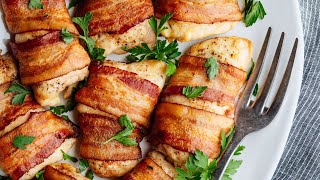 Juicy Bacon Wrapped Chicken Thighs  4Ingredient Easy Dinner Recipe [upl. by Refenej]