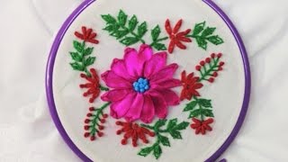 Hand Embroidery  Ribbon Flower and Lazy Daisy Stitch [upl. by Enyawud23]