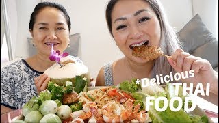 Thai FOOD Papaya salad Garlic shrimp BBQ Pork amp Veggies  MUKBANG  NE Lets Eat [upl. by Etz]