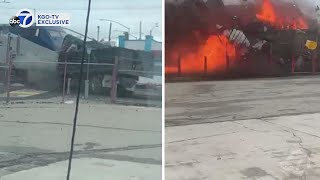 Amtrak crash Video shows truck hit at full speed by train in Oakland bursting into flames  ABC7 [upl. by Kreit584]