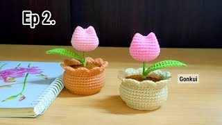 Ep2 Leaves 🌿 Crochet Mini Tulip Pot Tutorial step by step  Crochet Flower Pot crochet [upl. by Vanden241]