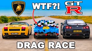 Lamborghini Gallardo v Nissan GTR v WTF DRAG RACE [upl. by Htiekram]