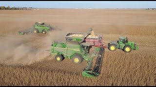 Illinois Soybean Harvest with two John Deere X9 1100 combines and 50 foot draper heads [upl. by Nolahp]