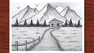 How to draw Sunset in Mountain with pencil Sayataru Creation Drawing 2021 [upl. by Janna]