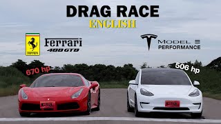 Tesla Model 3 Performance vs Ferrari 488 GTB DRAG RACE [upl. by Mohr]