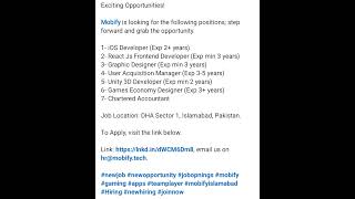 Mobify is hiring  Apply now  Job seekers  New Opportunities islamabadjobs jobs2024 [upl. by Adnicaj]