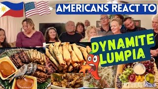 AMERICANS TRY amp REACT to DYNAMITE LUMPIA  Pinoy Food in America [upl. by Enelyw24]