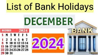 List of Bank holidays December 2024 December 2024 Bank Holidays In India [upl. by Lupe]