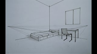 how to draw in 2 point perspective for beginners  a simple bedroom [upl. by Ahseryt7]