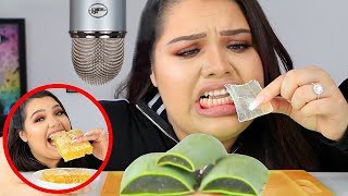 I Tried ASMR Eating Raw Honeycomb Slime Aloe Vera Sticky Crunchy Sounds [upl. by Ynoyrb]