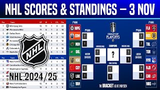 🔵 NHL STANDINGS TODAY  NHL Playoffs Pictures 2025  NHL Scores Highlights  3 NOV 2024 [upl. by Eul]