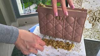 Dior Caro zipped pouch with chain in blush supple cannage Calfskin Unboxing [upl. by Aldo]