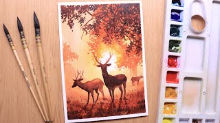 Watercolor painting for beginners of beautiful Forest landscape easy [upl. by Ocsecnarf]