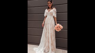 HEBEOS  ALine Short Sleeves Lace Vneck SashBelt SweepBrush Train Wedding Dresses [upl. by Orferd]