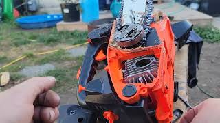 Chinese 25cc top handle chainsaw before and after muffler mod [upl. by Ennahteb778]