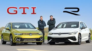 2022 VW Golf GTI vs Golf R Review  Thrifty Meets Drifty [upl. by Rowen]