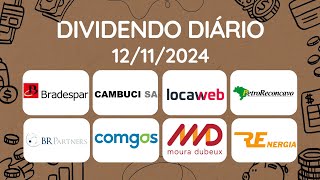 Dividendos do dia 12112024  BRAP3 BRAP4 BRBI11 CAMB3 CGAS3 CGAS5 LWSA3 MDNE3 RECV3 RECV3 [upl. by Kamat]