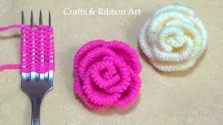 Amazing Trick with Fork  Easy Woolen Rose Making  Hand Embroidery Hack  DIY Woolen Flowers [upl. by Auqinaj]