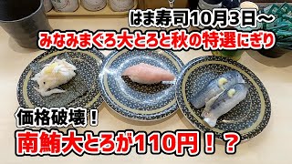 【はま寿司】 みなみまぐろ大とろがなんと110円！ みなみまぐろ大とろと秋の特選にぎりを食べに来ました！ 20231003 [upl. by Atisusej612]