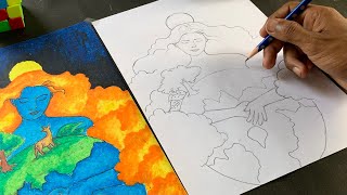 Mother earth drawing step by step Easy mother nature drawing  tutorial [upl. by Eillehs]