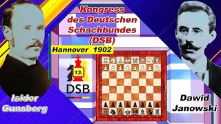 Isidor Gunsberg Vs Dawid Janowski 🏆 13 DSB Kongress 1902 Hannover 🏆 C77 Spanische Partie  338S [upl. by Handel]